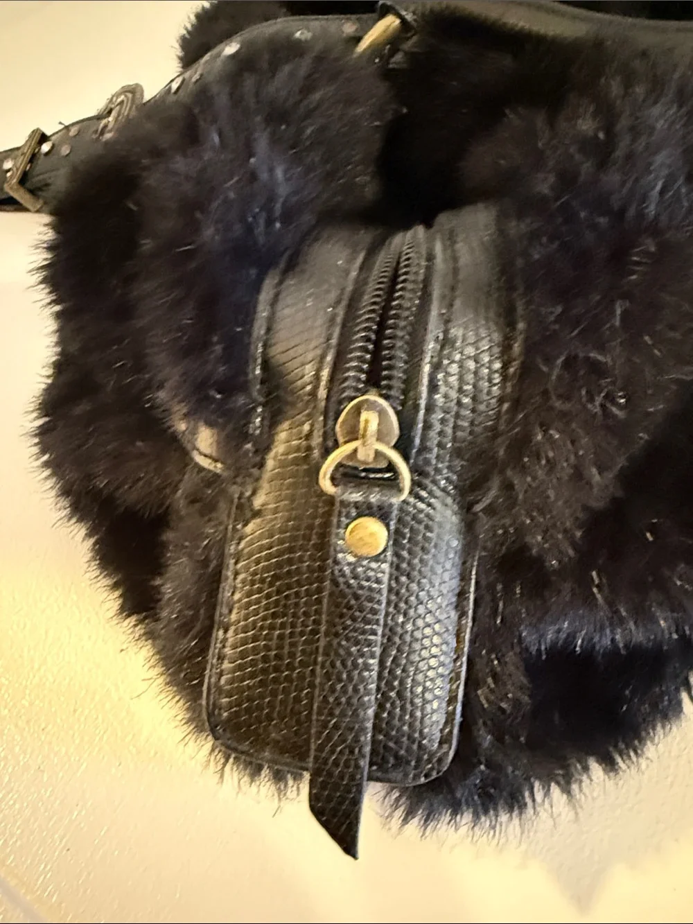 Black Faux Fur Top-Handle Satchel with Embellished Buckle